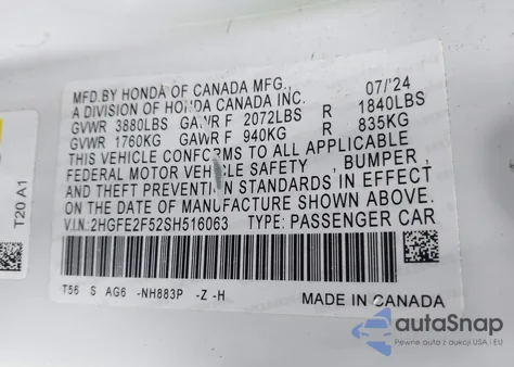 2025 Honda Civic Sport from USA, damaged, VIN 2HGFE2F52SH516063